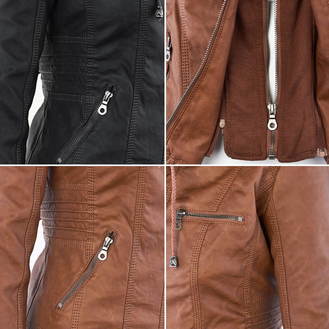 Elegante zwarte dames leren jas, weerbestendig, met capuchon, stijlvolle bescherming tegen regen, hoogwaardige afwerking