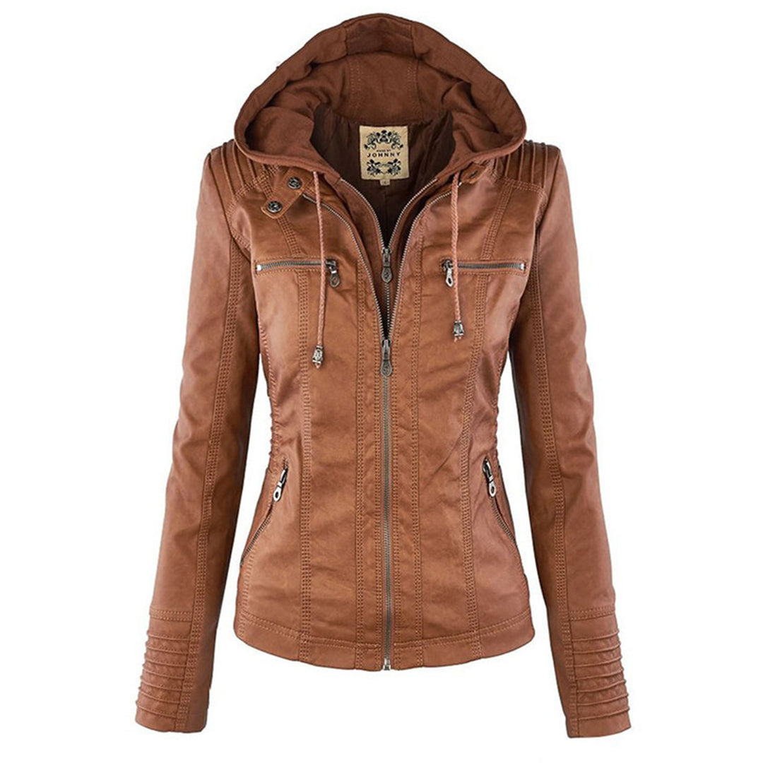 Elegante zwarte dames leren jas, weerbestendig, met capuchon, stijlvolle bescherming tegen regen, hoogwaardige afwerking