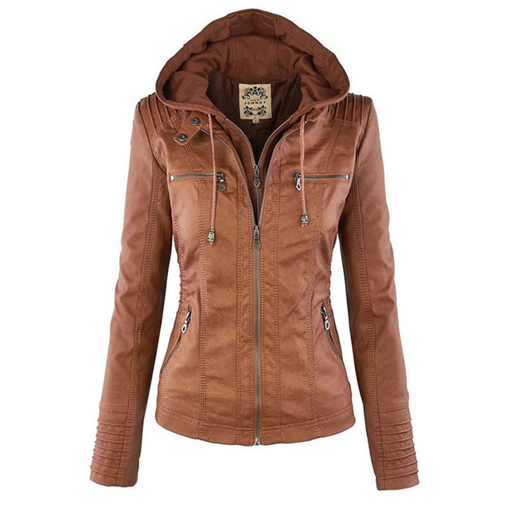 Elegante zwarte dames leren jas, weerbestendig, met capuchon, stijlvolle bescherming tegen regen, hoogwaardige afwerking