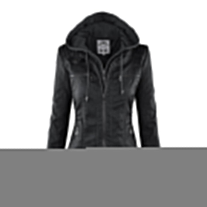 Elegante zwarte dames leren jas, weerbestendig, met capuchon, stijlvolle bescherming tegen regen, hoogwaardige afwerking