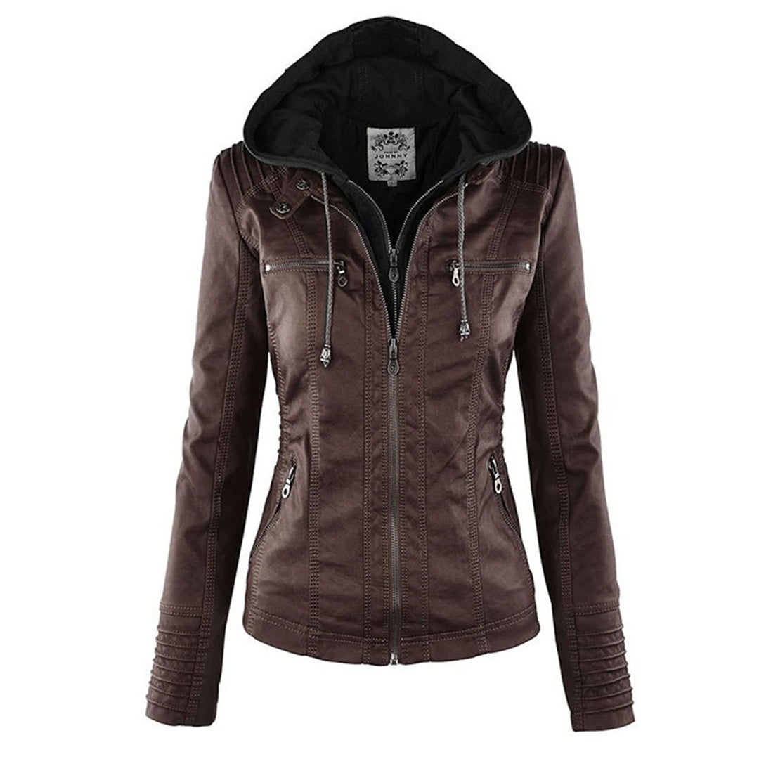 Elegante zwarte dames leren jas, weerbestendig, met capuchon, stijlvolle bescherming tegen regen, hoogwaardige afwerking