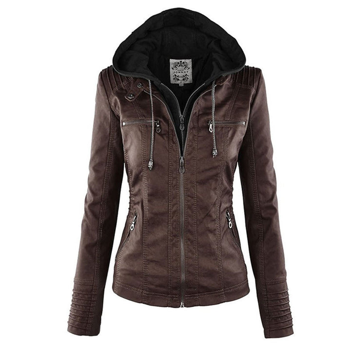 Elegante zwarte dames leren jas, weerbestendig, met capuchon, stijlvolle bescherming tegen regen, hoogwaardige afwerking