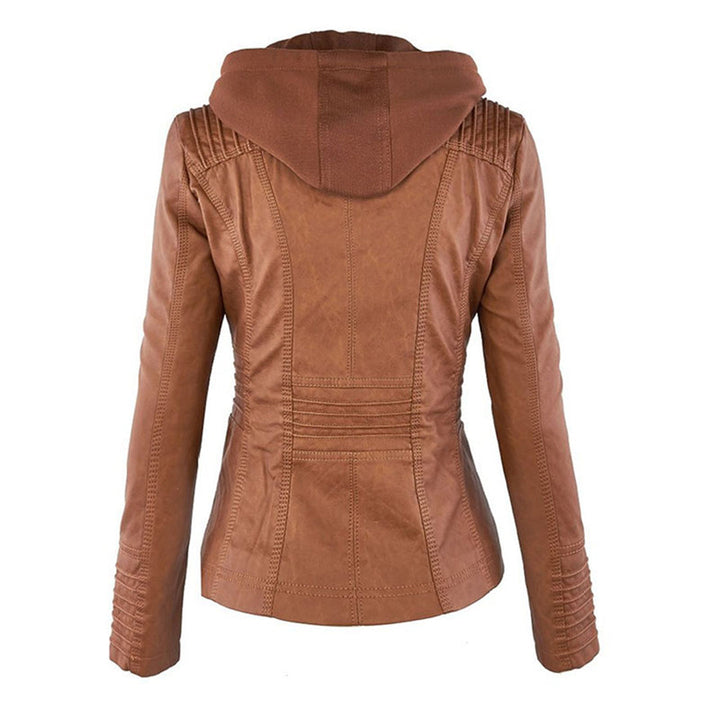 Elegante zwarte dames leren jas, weerbestendig, met capuchon, stijlvolle bescherming tegen regen, hoogwaardige afwerking