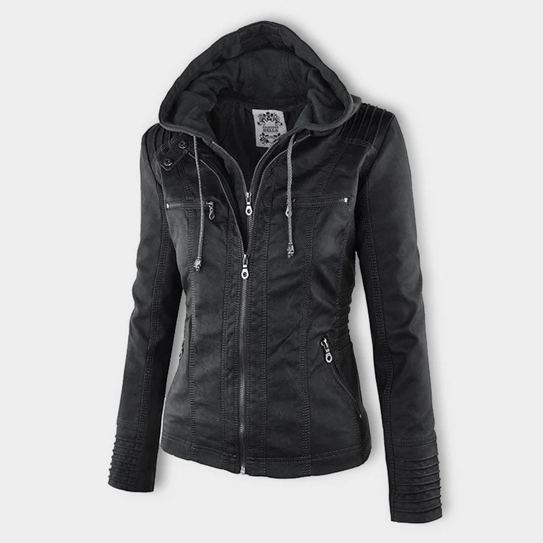Elegante zwarte dames leren jas, weerbestendig, met capuchon, stijlvolle bescherming tegen regen, hoogwaardige afwerking