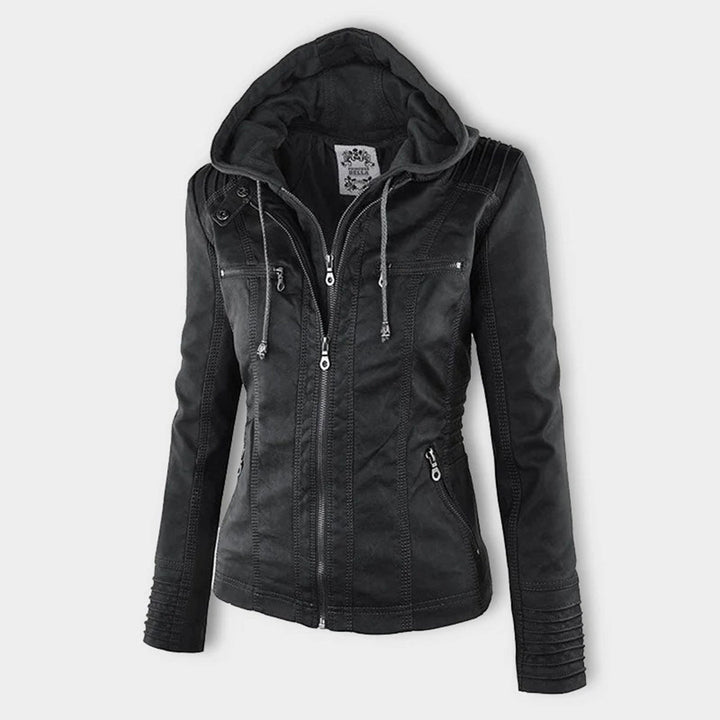 Elegante zwarte dames leren jas, weerbestendig, met capuchon, stijlvolle bescherming tegen regen, hoogwaardige afwerking