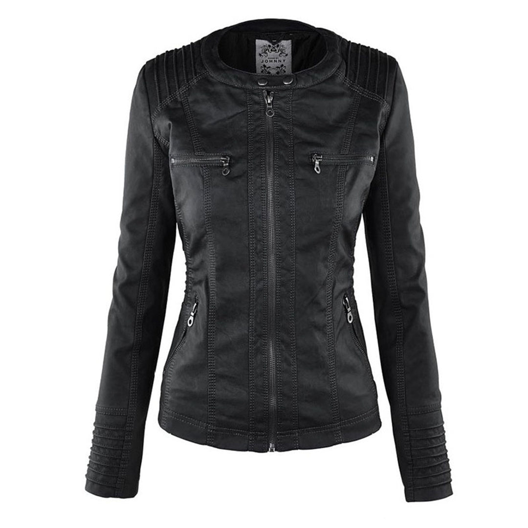 Elegante zwarte dames leren jas, weerbestendig, met capuchon, stijlvolle bescherming tegen regen, hoogwaardige afwerking