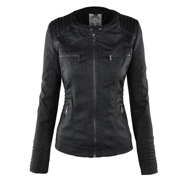 Elegante zwarte dames leren jas, weerbestendig, met capuchon, stijlvolle bescherming tegen regen, hoogwaardige afwerking