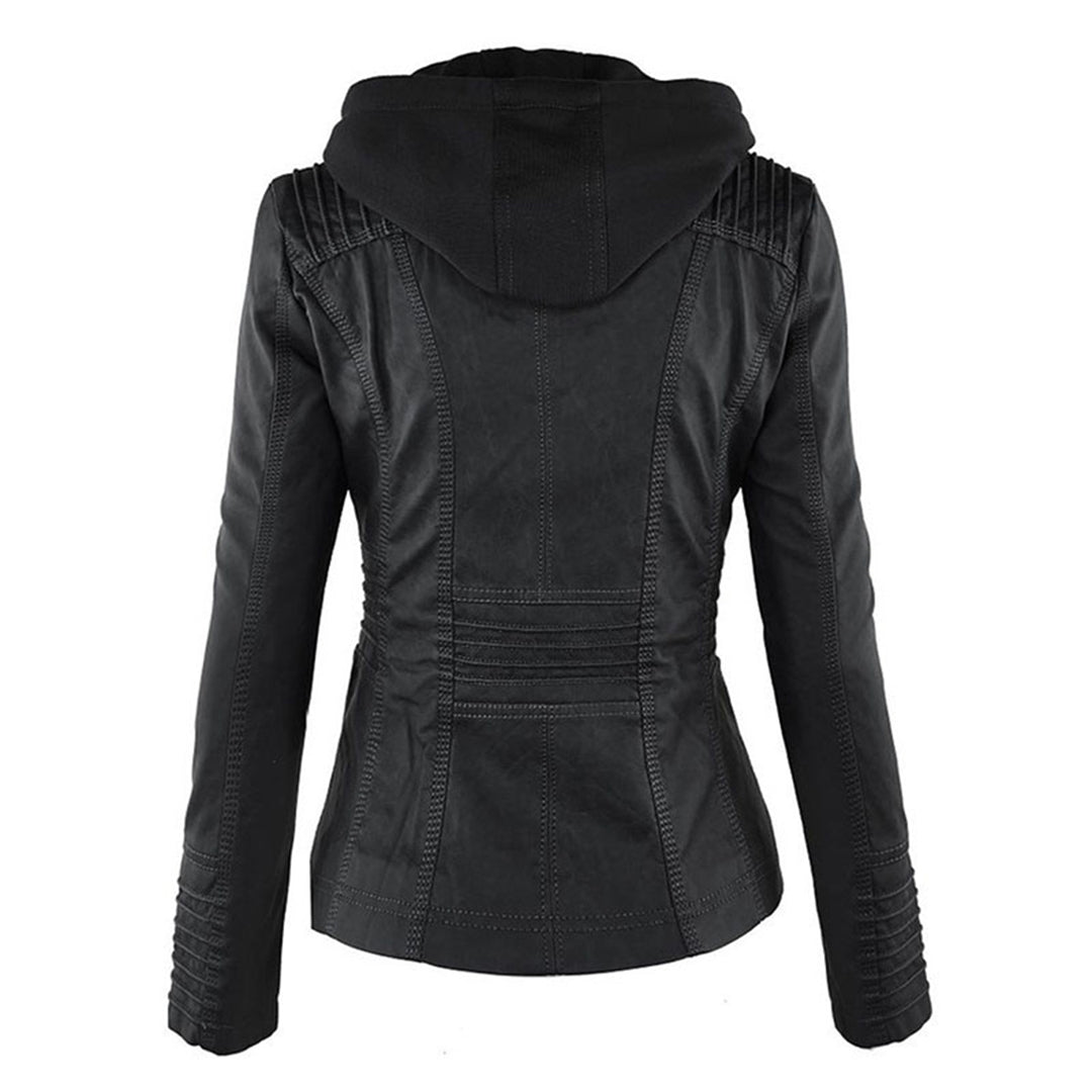 Elegante zwarte dames leren jas, weerbestendig, met capuchon, stijlvolle bescherming tegen regen, hoogwaardige afwerking