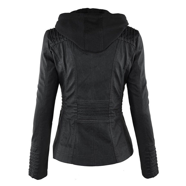 Elegante zwarte dames leren jas, weerbestendig, met capuchon, stijlvolle bescherming tegen regen, hoogwaardige afwerking