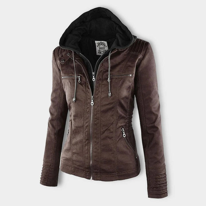 Elegante zwarte dames leren jas, weerbestendig, met capuchon, stijlvolle bescherming tegen regen, hoogwaardige afwerking