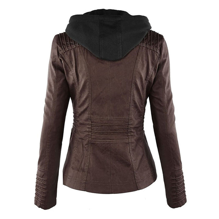 Elegante zwarte dames leren jas, weerbestendig, met capuchon, stijlvolle bescherming tegen regen, hoogwaardige afwerking