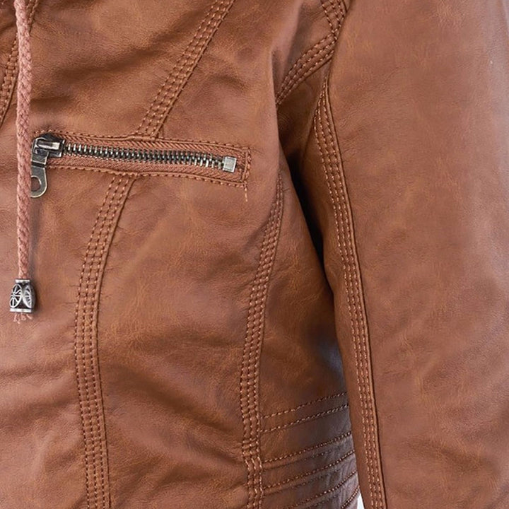 "Elegante Damenlederjacke schwarz, wetterfest, mit Kapuze, stilvoller Schutz bei Regen, hochwertige Verarbeitung"