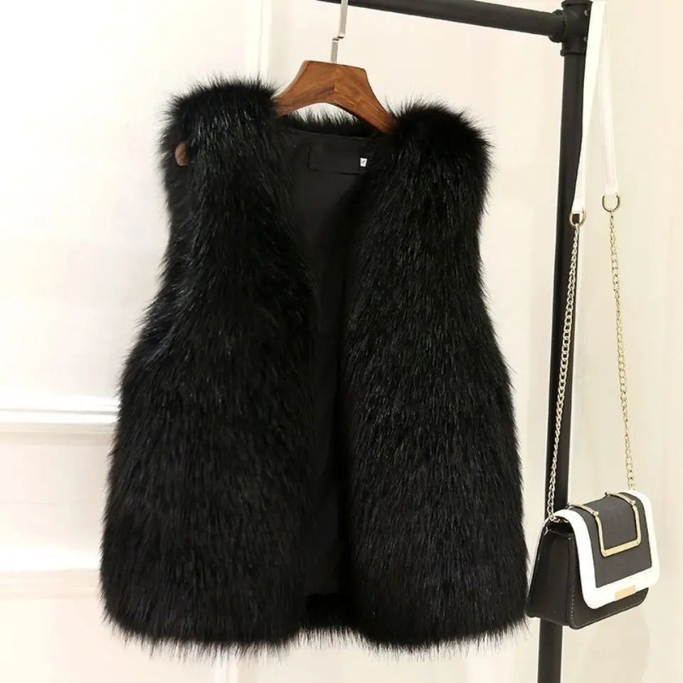 Elegante damesvest met luxueuze bontlook en warme voering, perfect voor koude dagen en veelzijdige outfits.
