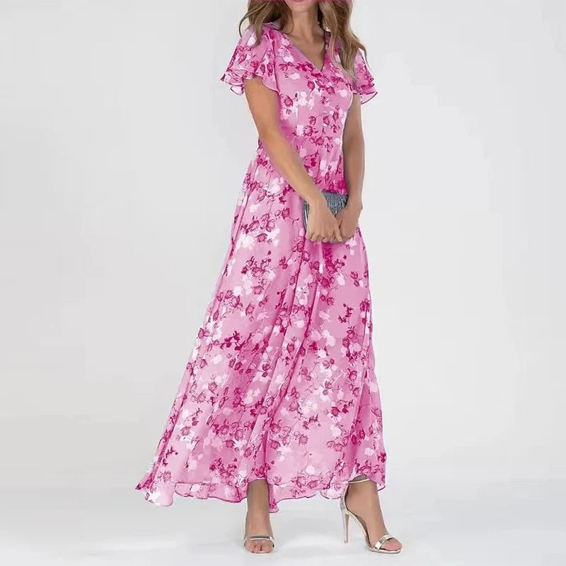 Luchtige dames bloemen A-lijn maxi jurk, comfortabel en elegant. Ideale V-hals zomerjurk met fladdermouwen voor dames.