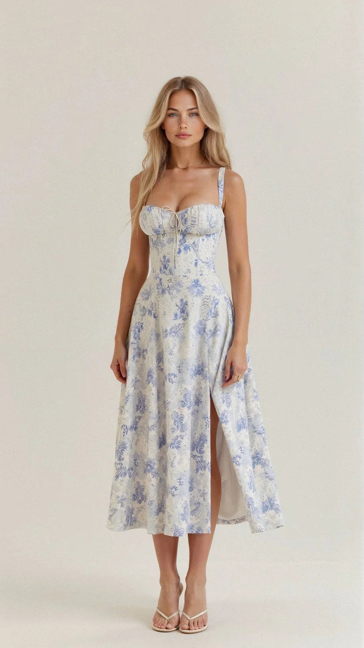 Elegante dames bloemen A-lijn midi jurk met spaghettibandjes en sweetheart halslijn, perfect voor de zomer.