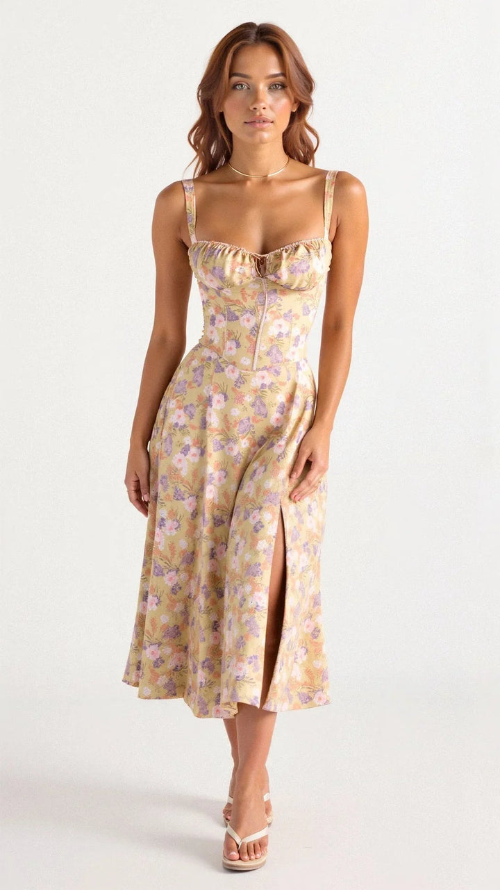 Midi damesjurk met levendige bloemenprint, A-lijn model, comfortabel en stijlvol voor lente en zomer.