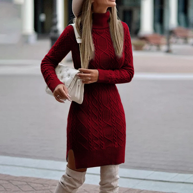 Stijlvolle gebreide dames jurk, perfect als winterjurk of herfstmode, met comfortabele lange mouwen.