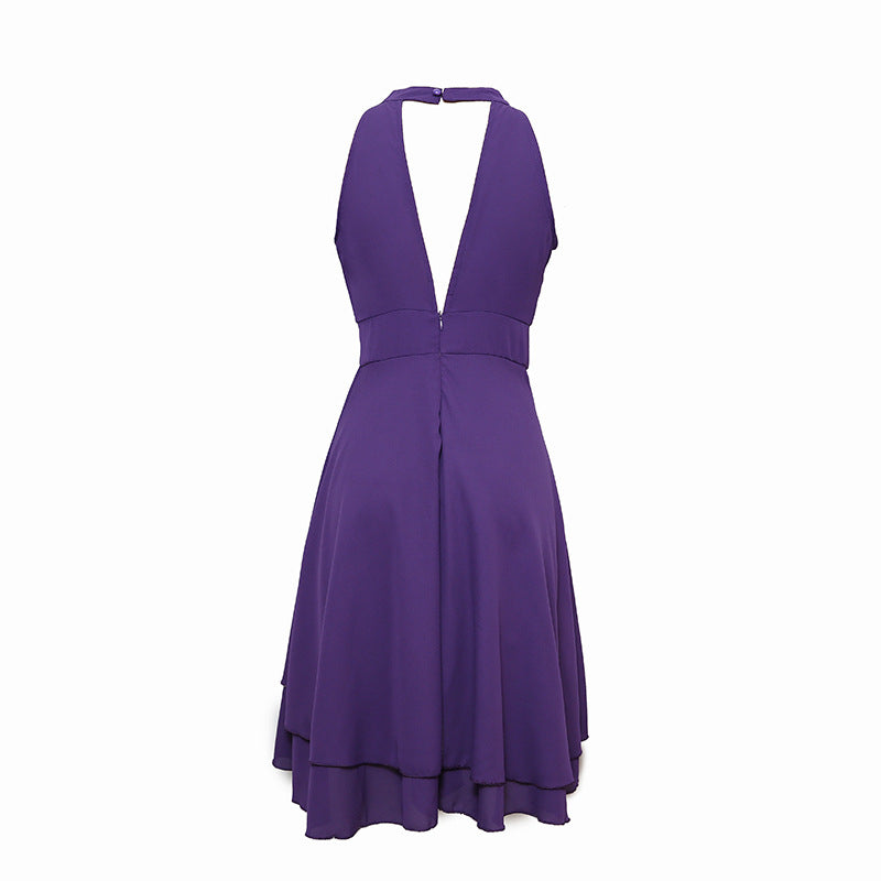 Hoge taille halter midi jurk voor dames. Elegante chiffon stof maakt deze mouwloze zomerjurk perfect.