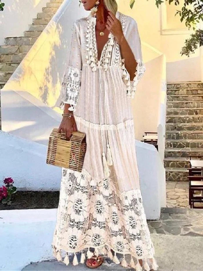 Elegante dames kanten jurk, getailleerd, perfect voor feestjes of zomerse gelegenheden. Stijlvolle midi-jurk.