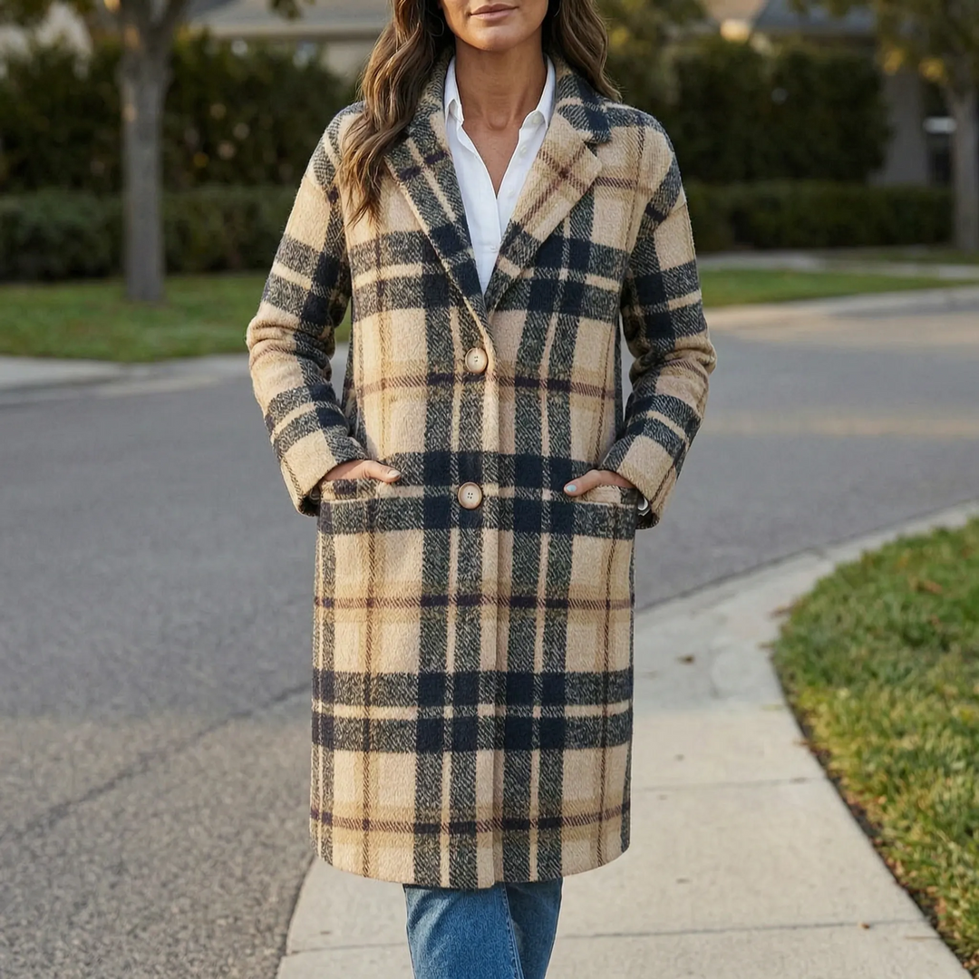 Elegante dames lange jas met geruit patroon en stijlvolle reverskraag, ideaal voor herfst/winter.