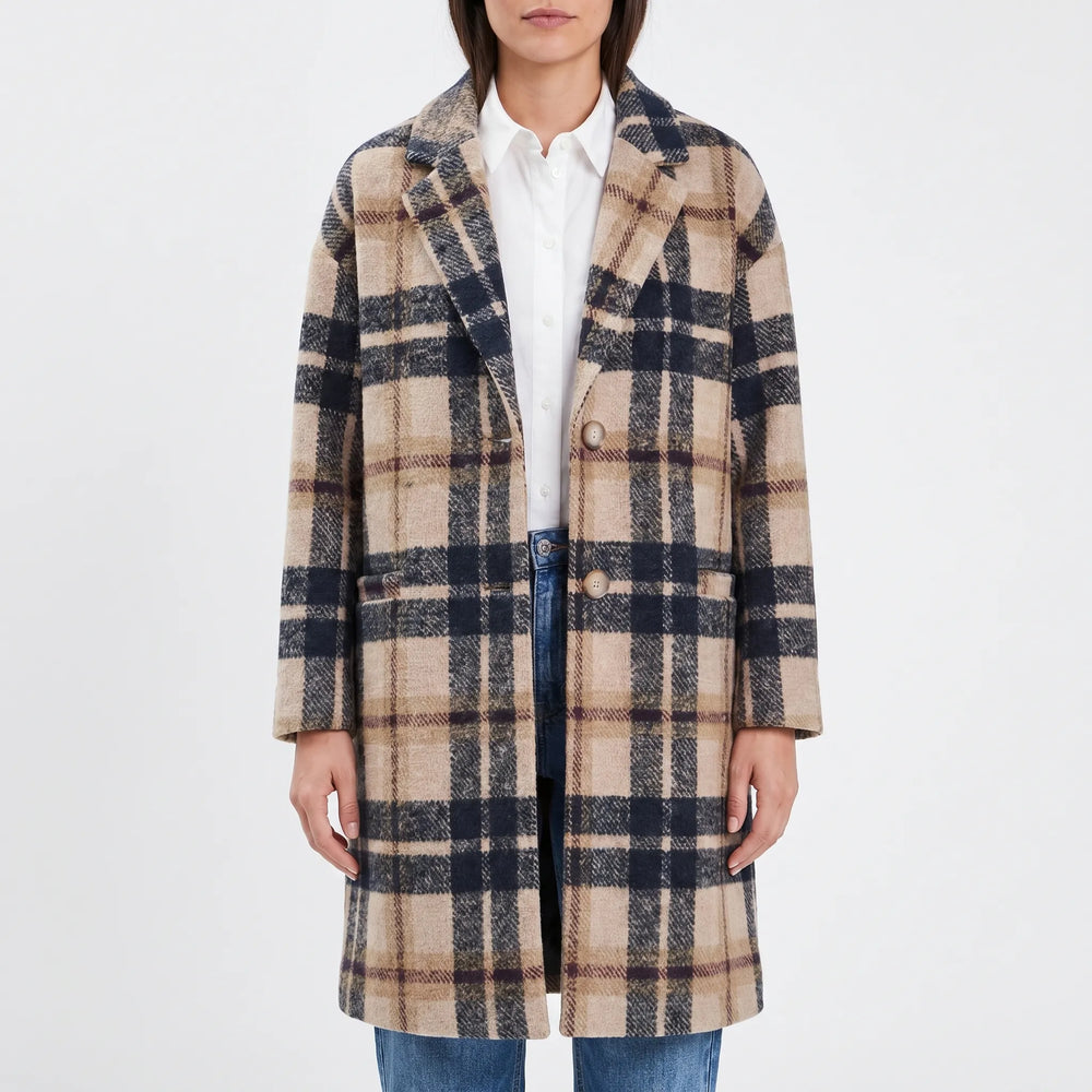 Getailleerde dames winterjas, lange geruite reverskraag jas voor een casual of elegante look.