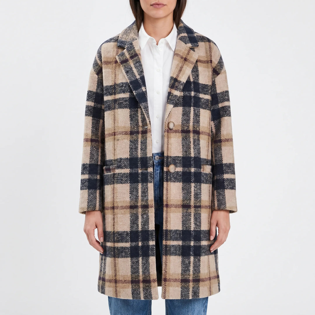 Getailleerde dames winterjas, lange geruite reverskraag jas voor een casual of elegante look.