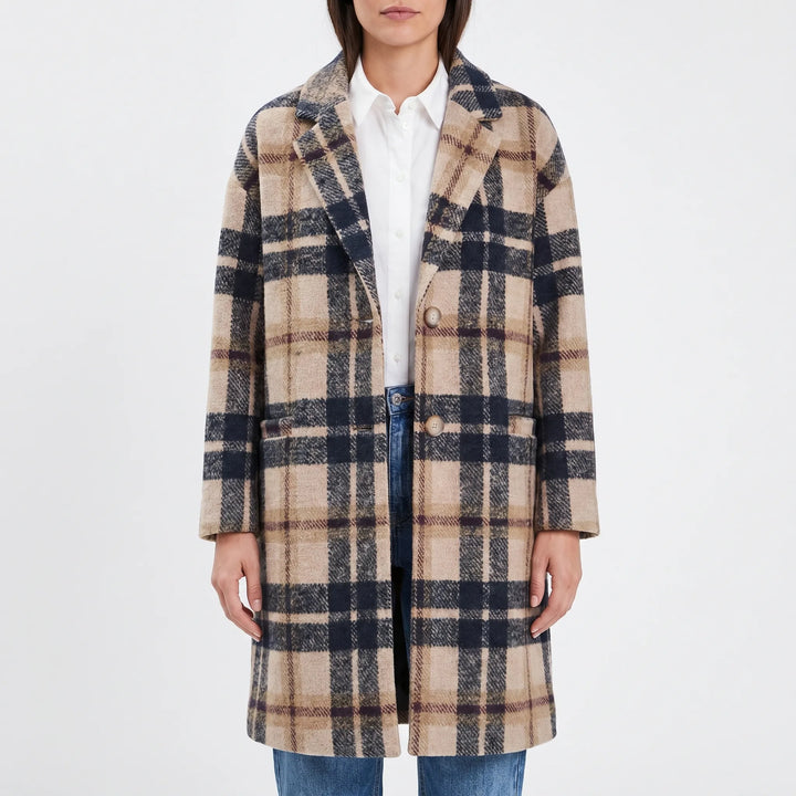 Getailleerde dames winterjas, lange geruite reverskraag jas voor een casual of elegante look.