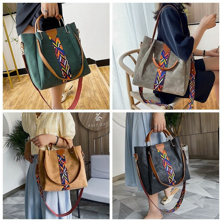 Modebewuste dame met een elegante zwarte PU leren schoudertas, een ruime tote bag die elke outfit complementeert.