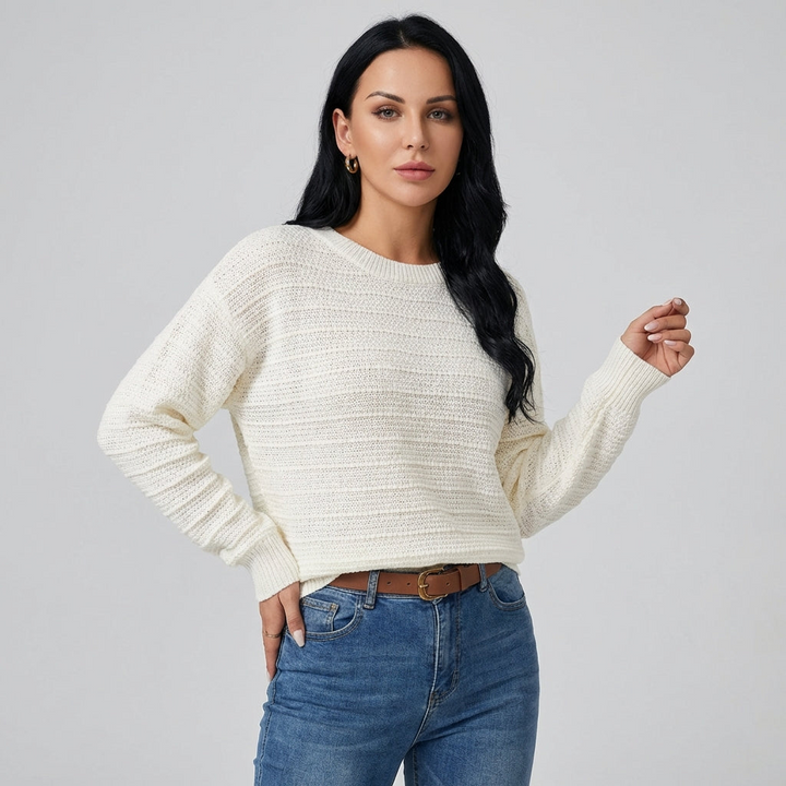 Elegante dames pullover trui met ronde hals, lange mouwen en chic strikdetail op de rug, ideaal voor casual mode.