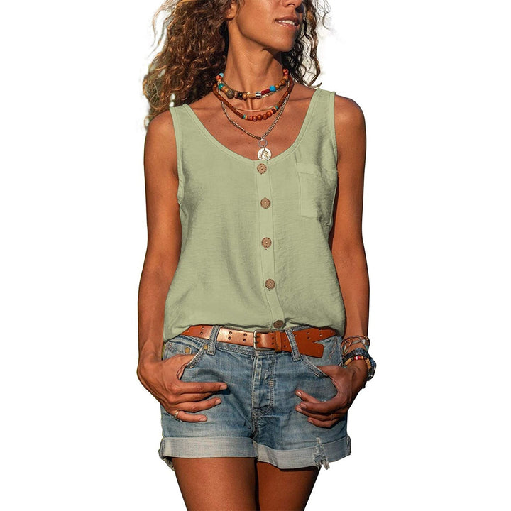 Vooraanzicht elegante dames tanktop Ibiza-stijl, comfortabele pasvorm en chique uitstraling.