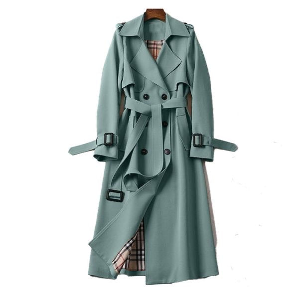 Lange elegante dames trenchcoat met riem; een verfijnde jas voor een geklede look.