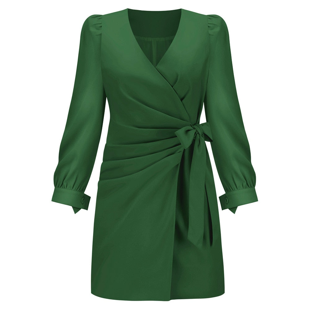 Elegante dames V-hals jurk met lange mouwen, perfect voor herfst en winter. Stijlvolle damesmode.