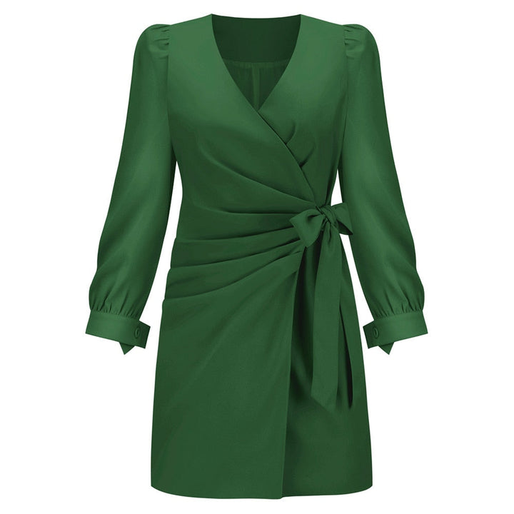 Elegante dames V-hals jurk met lange mouwen, perfect voor herfst en winter. Stijlvolle damesmode.
