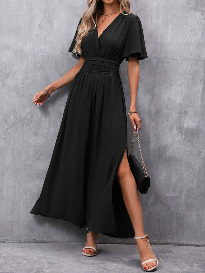 Elegante dames V-hals maxi-jurk, comfortabele a-lijn zomerjurk met korte mouwen. Ideaal voor diverse gelegenheden.