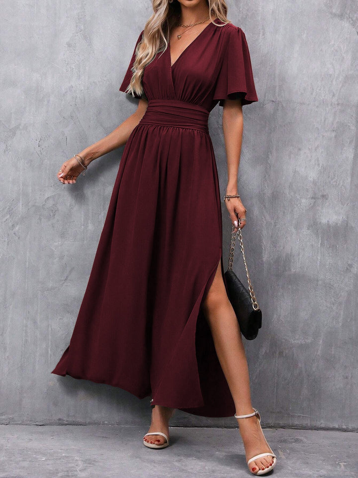 Chique dames V-hals maxi-jurk, empire taille en a-lijn. Een elegante en comfortabele polyester zomerjurk.