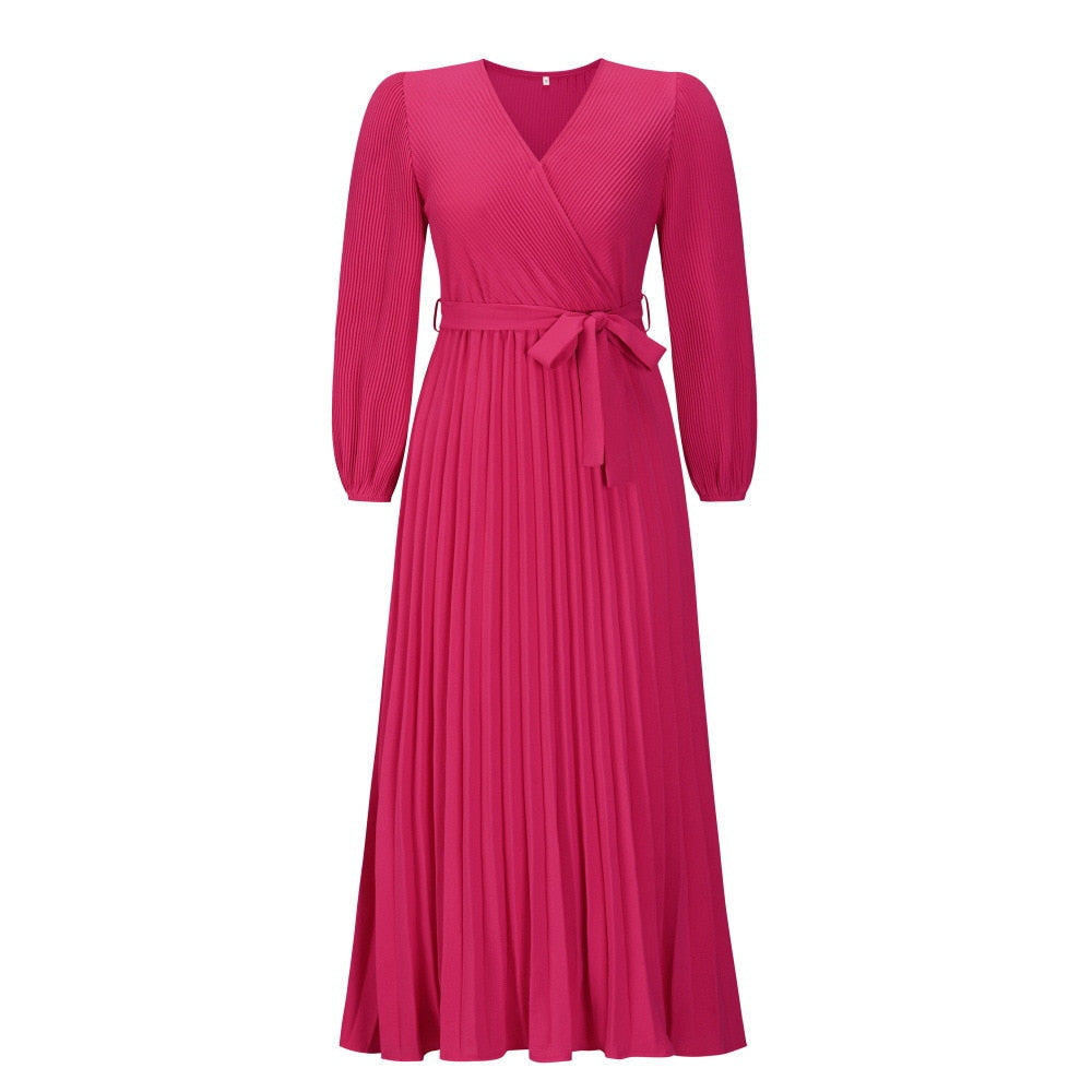 Elegante dames V-hals maxi jurk met plissé en wijde zoom voor lente/zomer feesten. Modieus geplooid design.