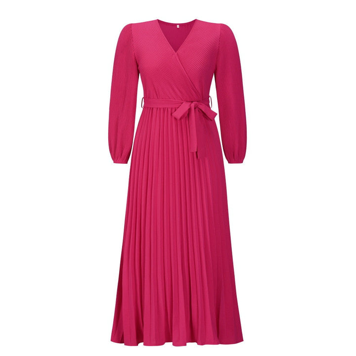 Elegante dames V-hals maxi jurk met plissé en wijde zoom voor lente/zomer feesten. Modieus geplooid design.