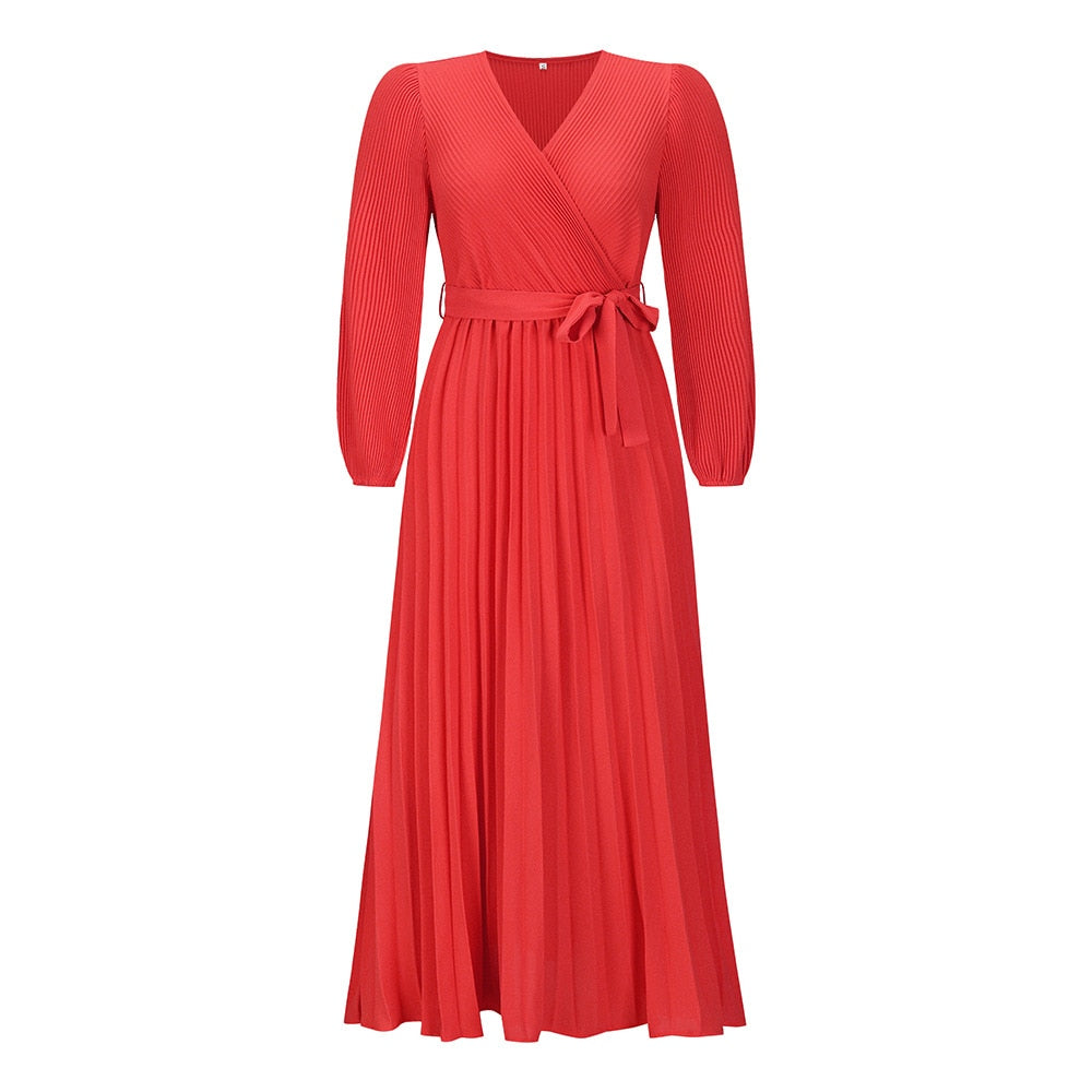 Comfortabele lente/zomer maxi jurk voor dames. V-hals, geplooid lijfje en wijde elegante zoom.