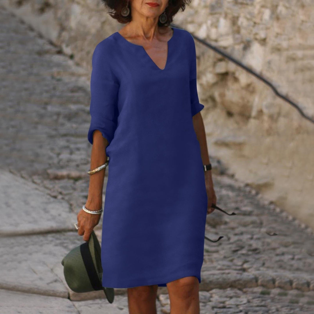 Veelzijdige dames midi-jurk, elegant en casual met V-hals, geschikt voor elke gelegenheid.