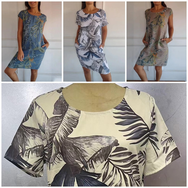Comfortabele casual midi zomerjurk voor dames met bloemenprint, ronde hals en korte mouwen, ideaal voor vakantie.