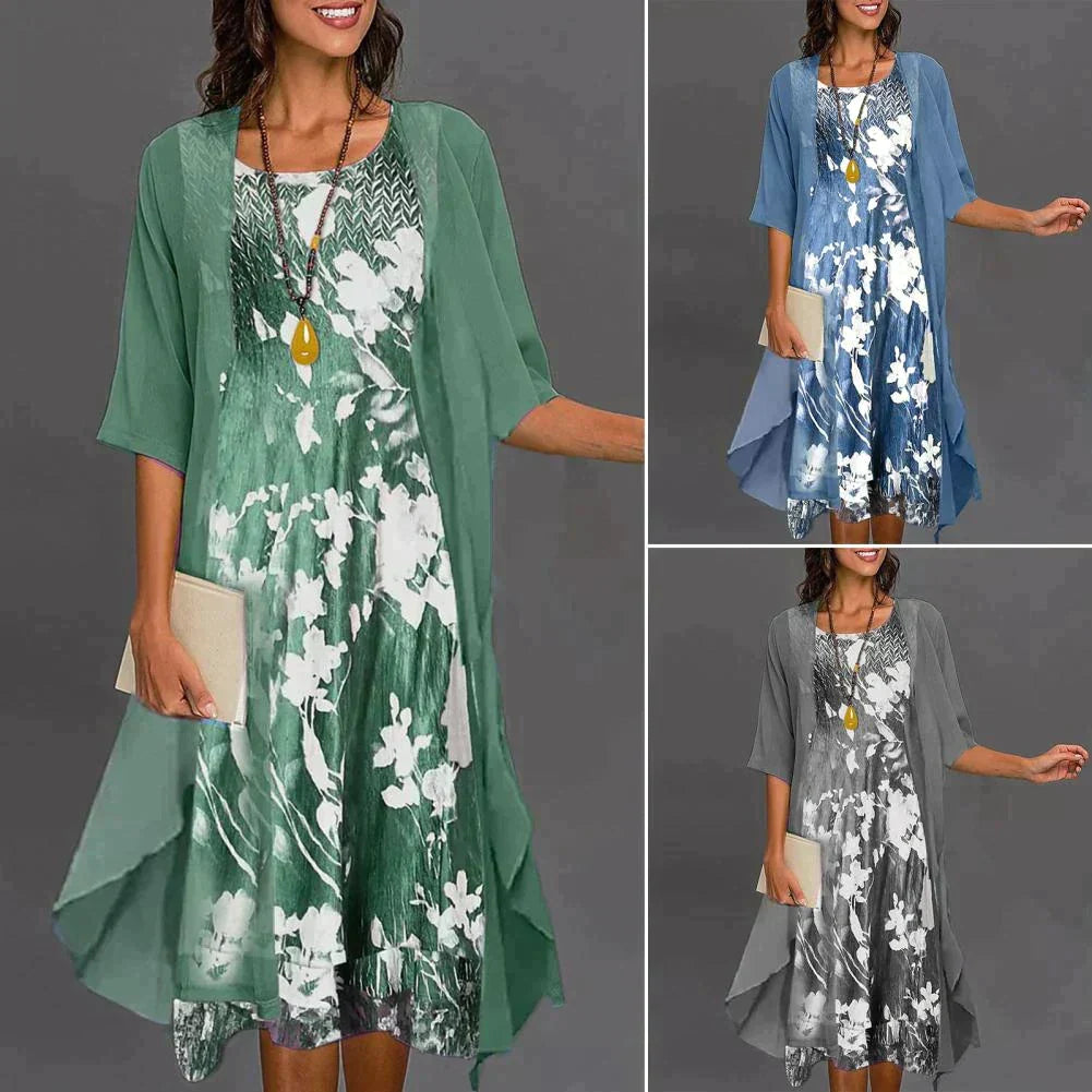 Elegante dames zomerjurk Théa en vest set met levendige bloemenprint, comfortabel en veelzijdig voor dagelijkse stijl.
