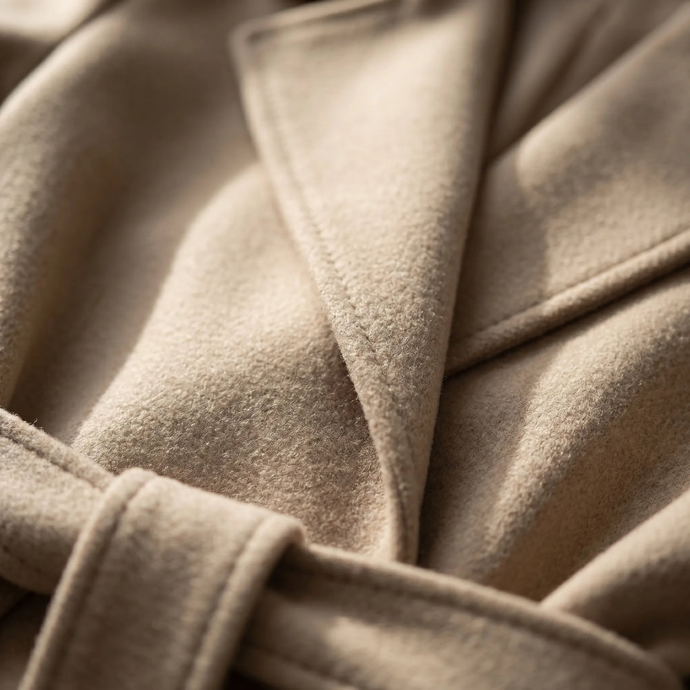 Modieuze dubbelgebreide trenchcoat voor dames, lange pasvorm met stijlvolle strikceintuur. Ideaal smart casual.