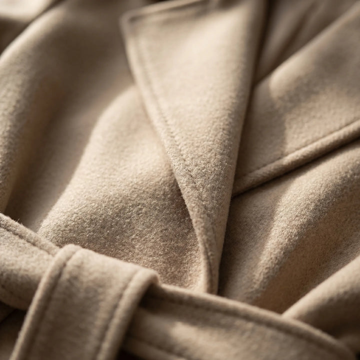 Modieuze dubbelgebreide trenchcoat voor dames, lange pasvorm met stijlvolle strikceintuur. Ideaal smart casual.
