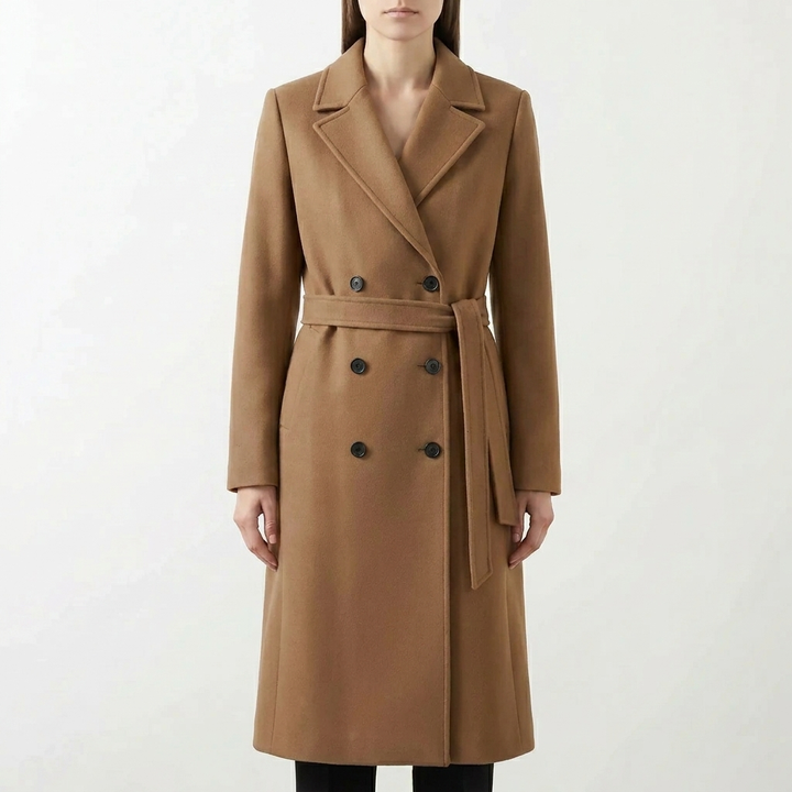 Klassieke lange dames trenchcoat met dubbelgebreide stof en moderne strikceintuur. Tijdloze, elegante stijl.