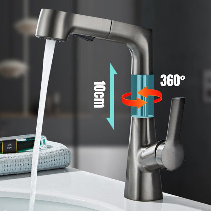 Elegante eéngreeps wastafelkraan van chroom met uittrekbare sproeikop, perfect voor moderne badkamers.