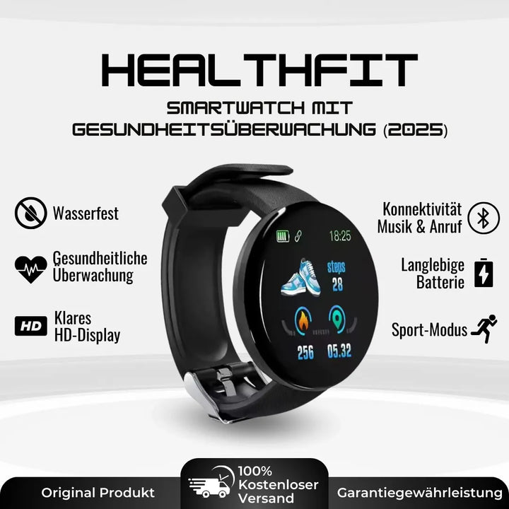 Elegante gezondheids-smartwatch met ECG- en slaaptracker, robuust design, rond wijzerplaat en stijlvolle band.