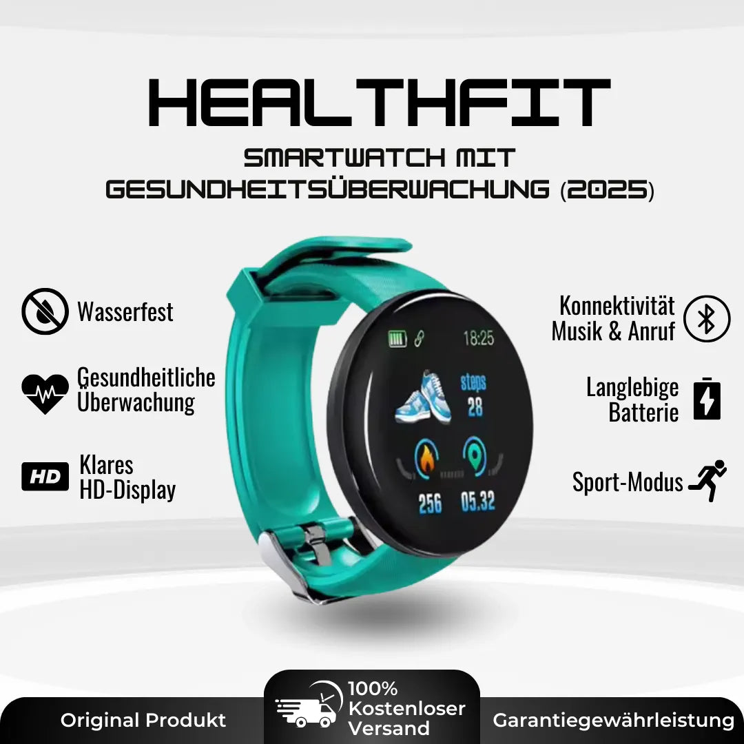 Elegante gezondheids-smartwatch met ECG- en slaaptracker, robuust design, rond wijzerplaat en stijlvolle band.