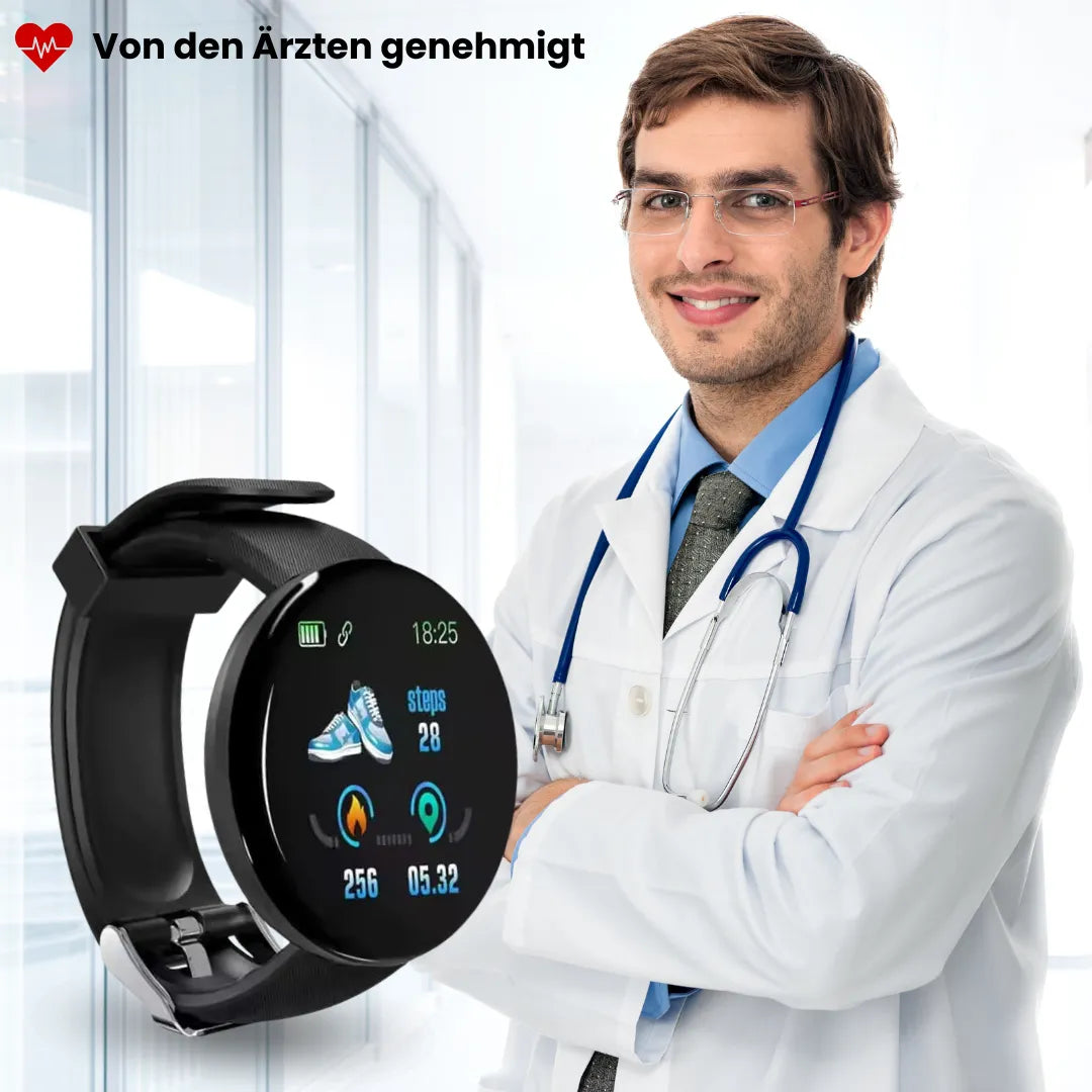 Elegante gezondheids-smartwatch met ECG- en slaaptracker, robuust design, rond wijzerplaat en stijlvolle band.