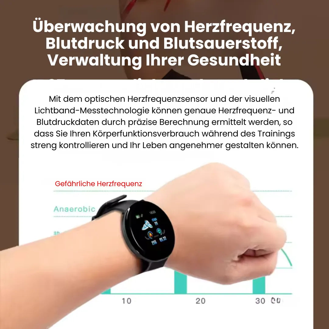 Elegante gezondheids-smartwatch met ECG- en slaaptracker, robuust design, rond wijzerplaat en stijlvolle band.