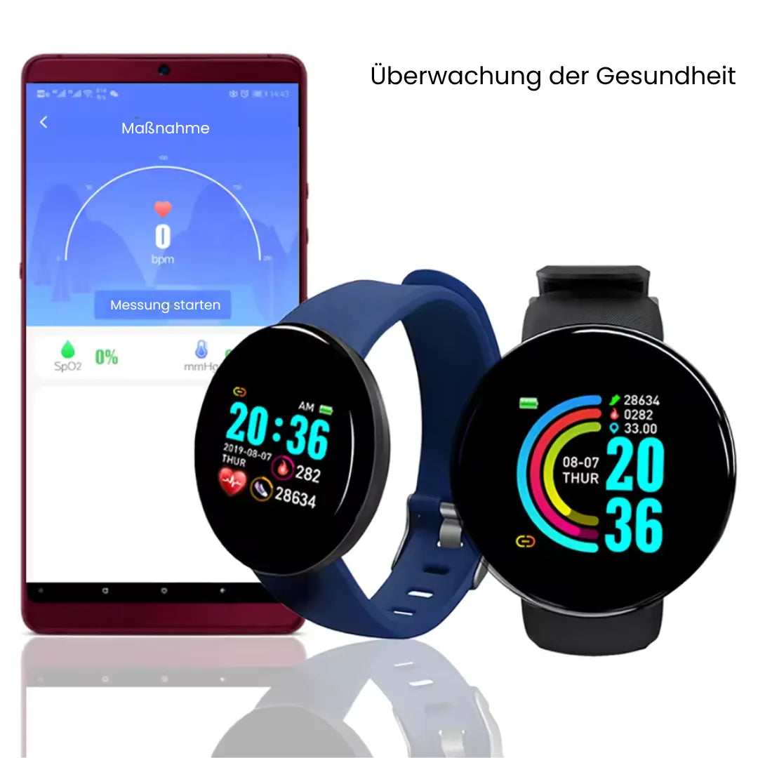 Elegante gezondheids-smartwatch met ECG- en slaaptracker, robuust design, rond wijzerplaat en stijlvolle band.
